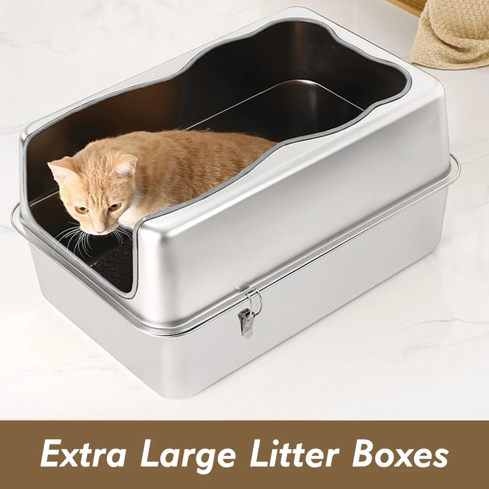 Caja de arena para gatos de acero inoxidable XL con tapa bandeja de arena extra grande con lado alto Foto 3 de 4