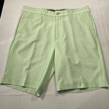 PGA Tour Mens Golf Shorts 34 Green Grid Plaid Flat Front Performance Stretch