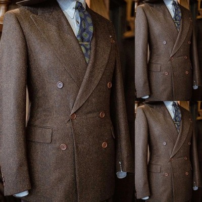 Herringbone Men's Suits Vintage 2Pcs Casual Jacket Tweed Winter Outdoor Coat
