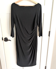 Lauren Ralph Lauren Midi Dress Size 10 Black Ruched Stretch 3/4 Sleeve Asymetric