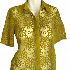 Rye Grass Sheer Floral Appliqu  Statement Retro Button up Top
