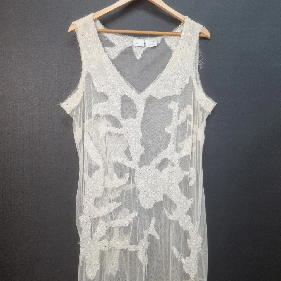 VTG Sheer Mesh Lace Overlay Dress Gown Wedding Sequin Drop Waist Flapper Sz 18 - Image 2 of 4