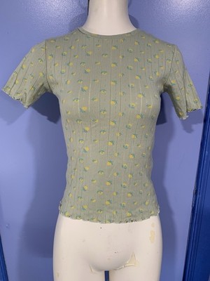 Ckh Clockhouse Green Floral Pointelle Top, Size XS, Ruffle Edge, Never Worn