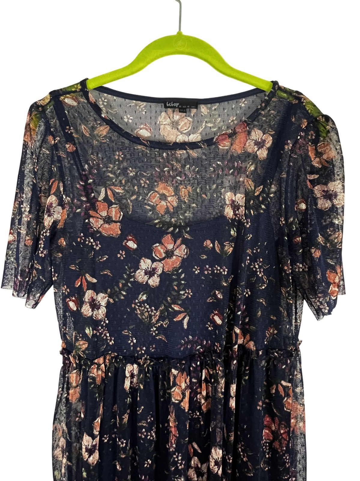 Colorful Floral Mesh Dress Blue M Sheer Boho Indie Folk Cottage Ruffle Artsy 90s