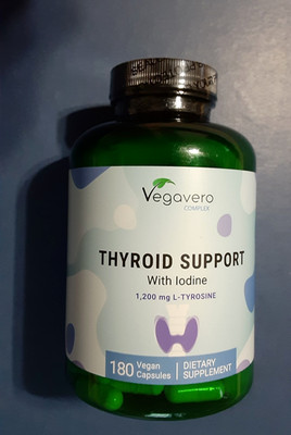 Vegavero Thyroid Support 180 Vegan Capsules Iodine + 1200mg L Tyrosine 01/2028