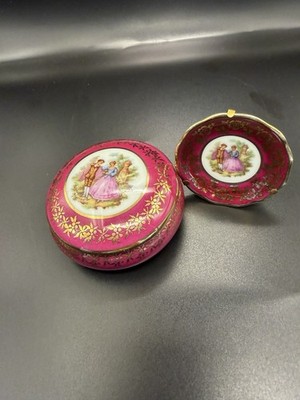 Vintage Limoges Porzellan Waschtisch Set Schmuckschatulle Schale Fragonard Szene