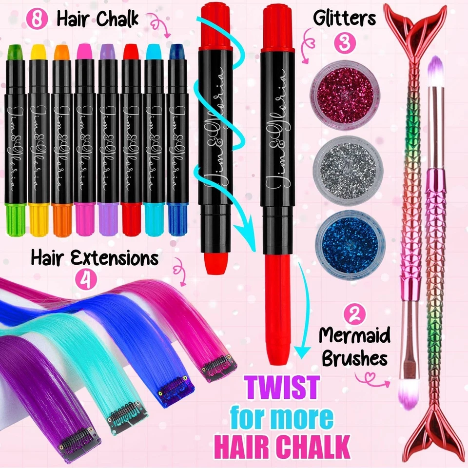 Juego de tiza para el cabello para niños extensiones de cabello de color lavables clip de cepillo brillante Foto 4 de 4