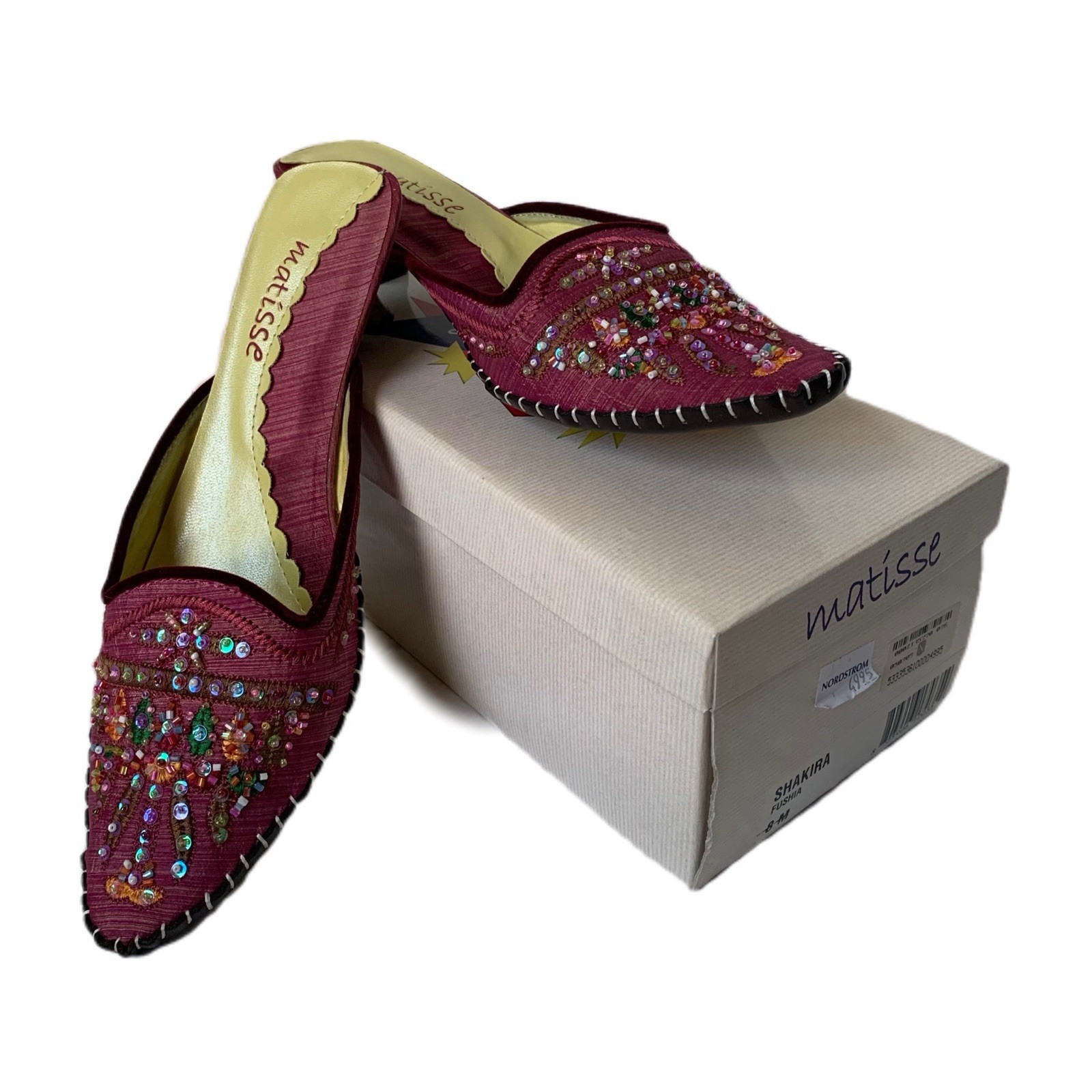 Matisse Shakira Sz 8 Fushia Women’s Beaded Mules Kitten Heel Genie Harem Boho