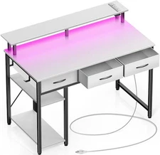  Computer Desk with Power Outlets & LED Light, 39 inch Home Office 39inch White