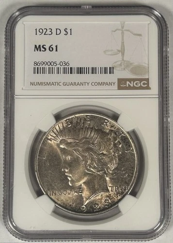 1923 D Peace Silver Dollar Coin Toned NGC MS 61