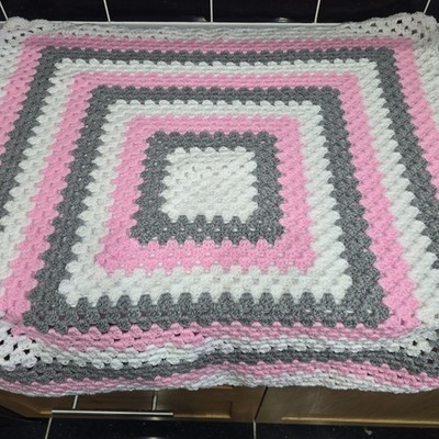 Handmade Crochet Blanket Cot, Pram, Car Seat, Lap. White, Pinks, And Grey.
