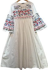 Womens Boho Hippie Embroidered Floral Midi Dress Long Sleeve Size XS White