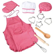 Chef Set for Kids,11pcs Kitchen Costume Role Play Kits, Girls Apron with Chef