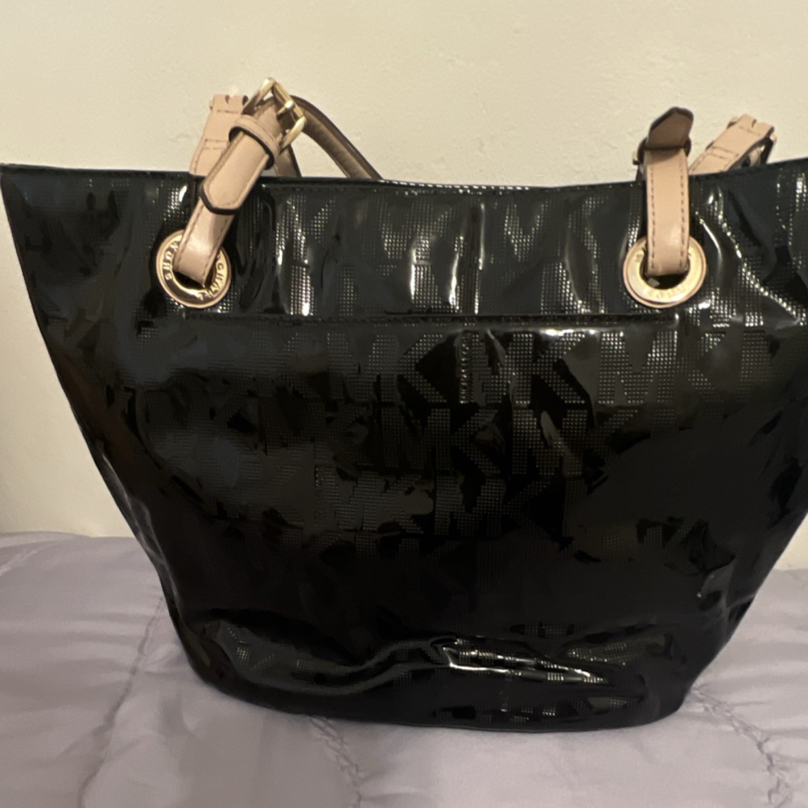 Michael Kors Black Logo Tote Bag, Zip Closure, Beige Shoulder Straps, Gold