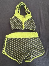 Women 2PC Neon Yellow Athletic Set Sports Bra Shorts S/M Yoga Gym Workout Outfit