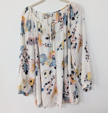 Lucky Brand Floral Print Peasant Top Tie Neck 3/4 Sleeve Beige 1X