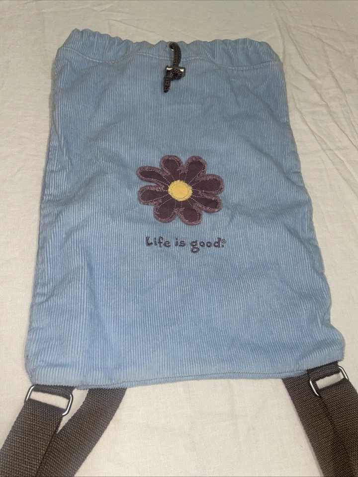 Vtg Life is Good Corduroy Backpack Cinch Bag Purse Blue Purple /Yellow Flower - Image 2 of 4