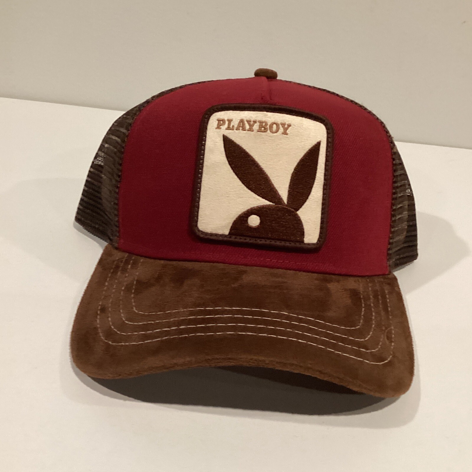 Playboy Sports Club LIDS Brown Maroon Suede Mesh Trucker Snapback Hat