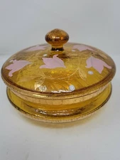 Rare Gold Tone Crackled Galss With Gold Leafs Covered Dish
