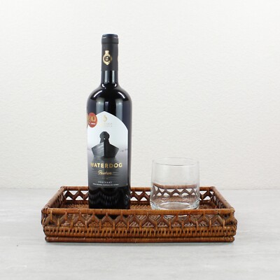 NEW Tight Woven Matrix Geometric Weave Rattan Tray, Red Brown