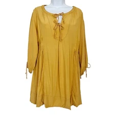 FREE PEOPLE Mustard Tunic Blouse Peasant Tie Front Baby Doll Dress Women XS $128