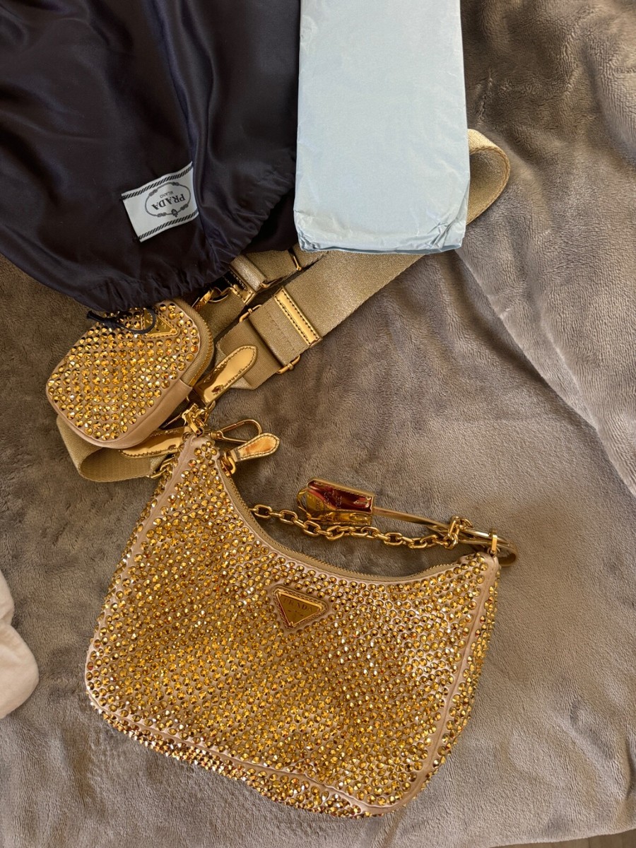 Prada Re-Edition 2005 Satin Crystal Platinum Gold Shoulder