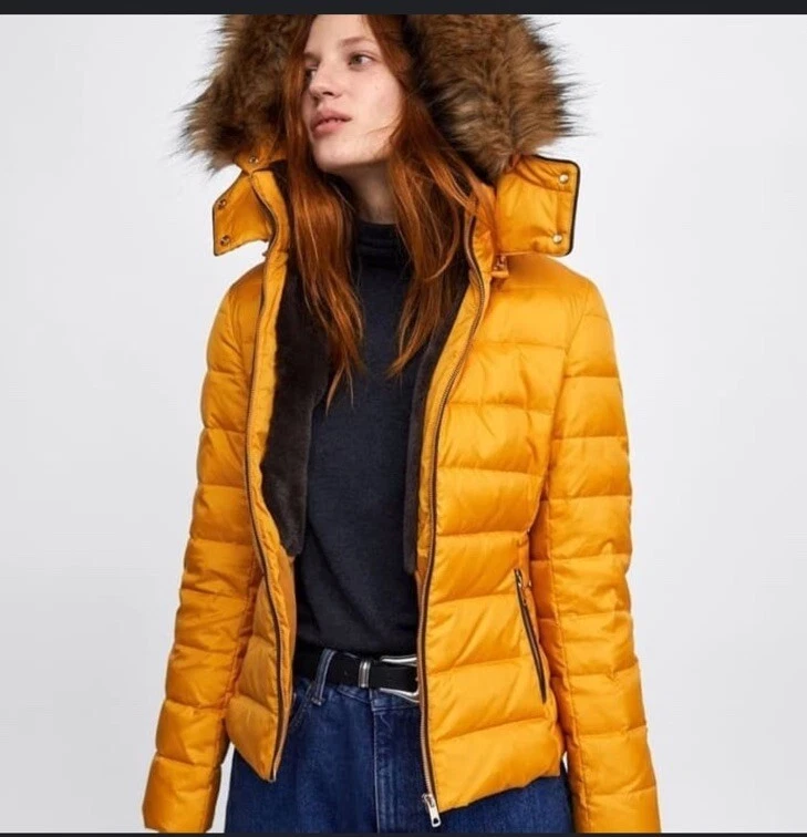 Zara Down Filled Puffer Winter Jacket Mustard Removable Hood Size M Faux Fur - Image 2 of 4