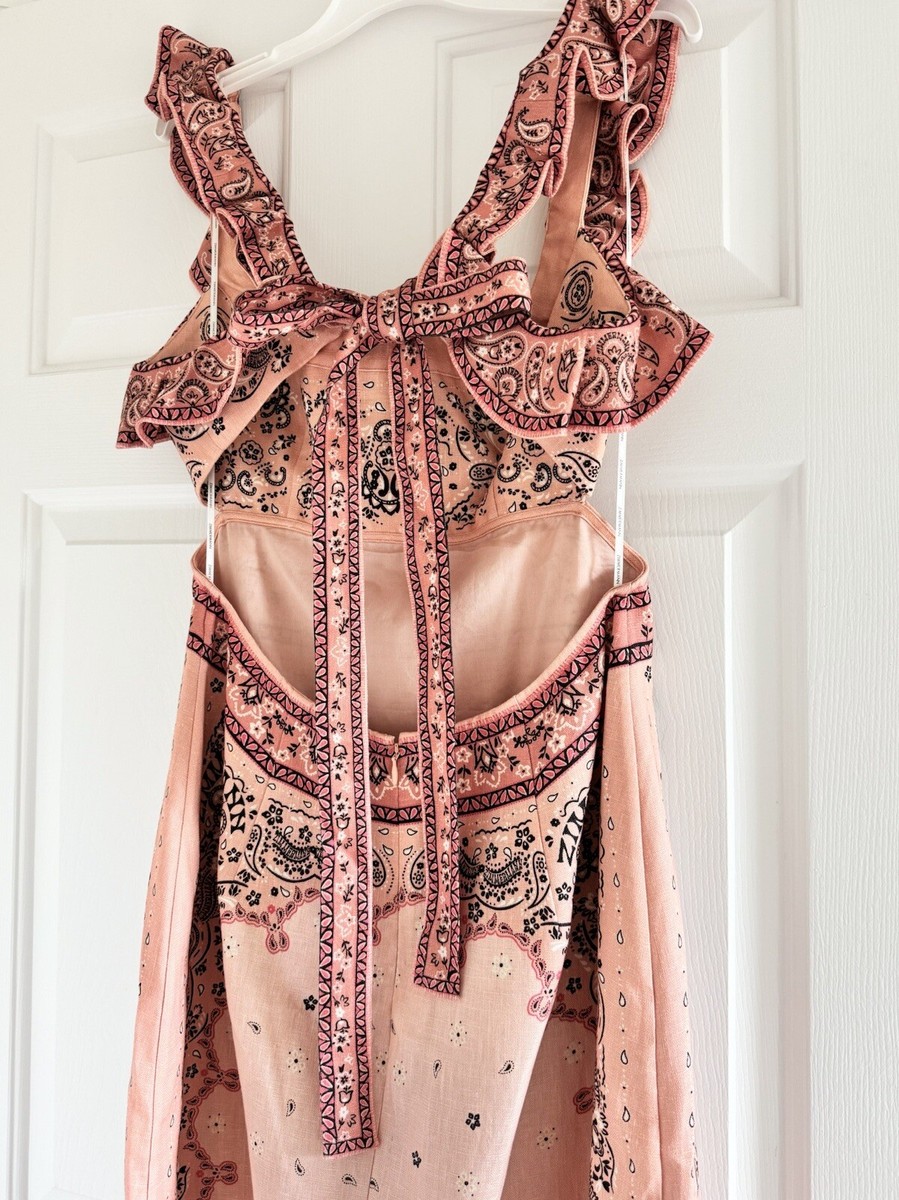 NWOT $850 Zimmermann Matchmaker Frilled Linen Open Back Paisley Midi Dress  AU3 L | eBay
