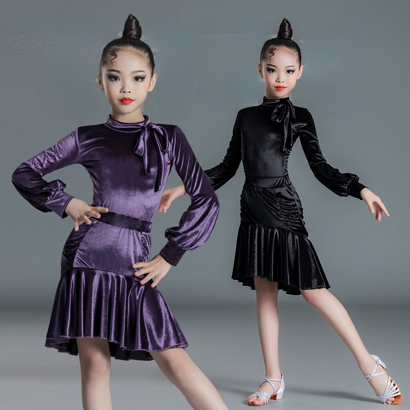 Girls Velvet Latin Dance Dress Children Autumn Winter Ballroom Dancewear