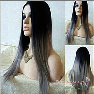 Women Long Fashion Black Grey Wig Cosplay Straight Hair Wigs Silky