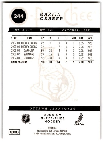 2008-09 O-Pee-Chee Metal X Martin Gerber #244 Ottawa Senators - Picture 2 of 2