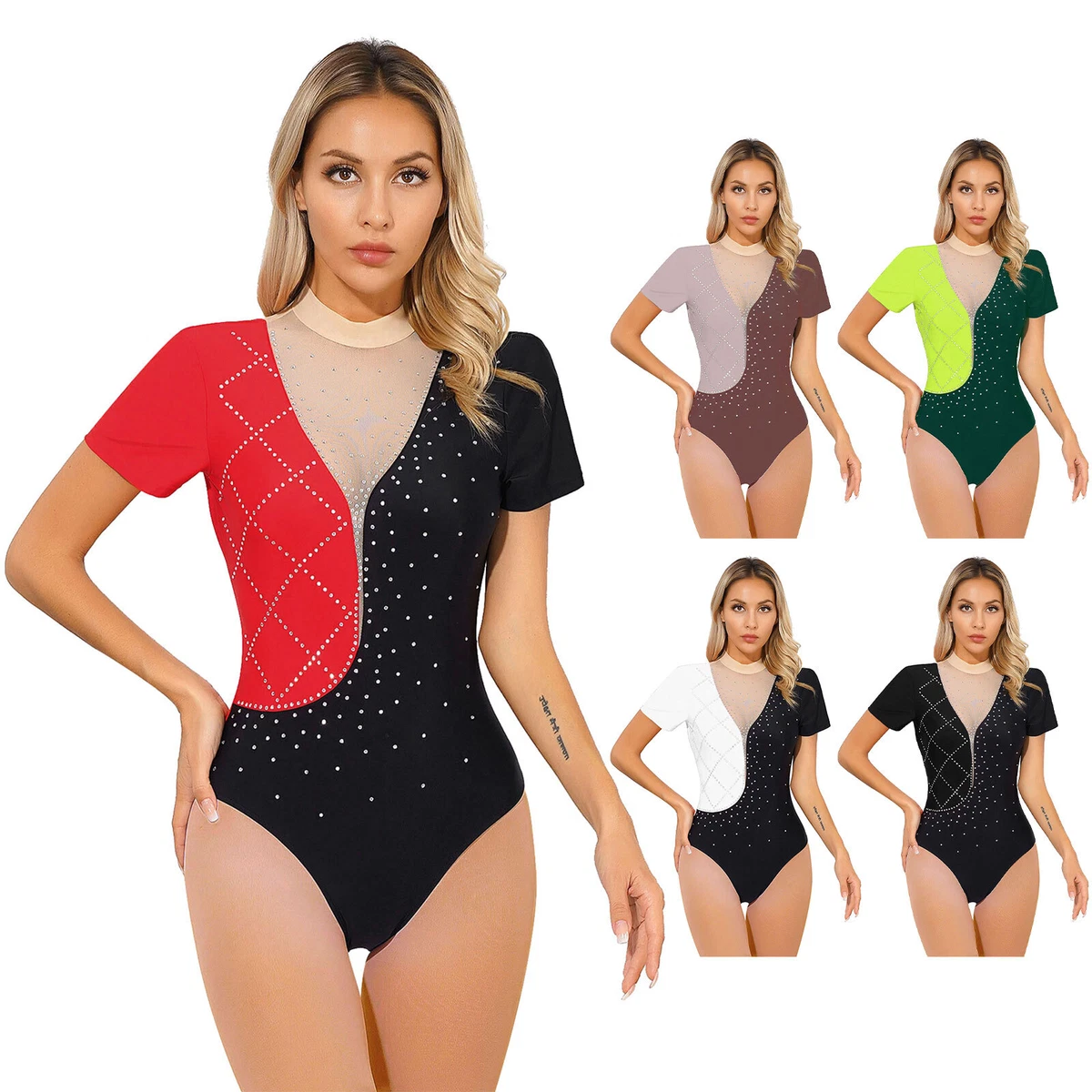 Womens Leotard Short Sleeve Bodysuits Patchwork Dance Costumes Turtle Neck