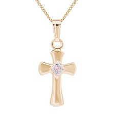 Round Natural Diamond April Birthstone Child's Cross Pendant In 14K Yellow Gold