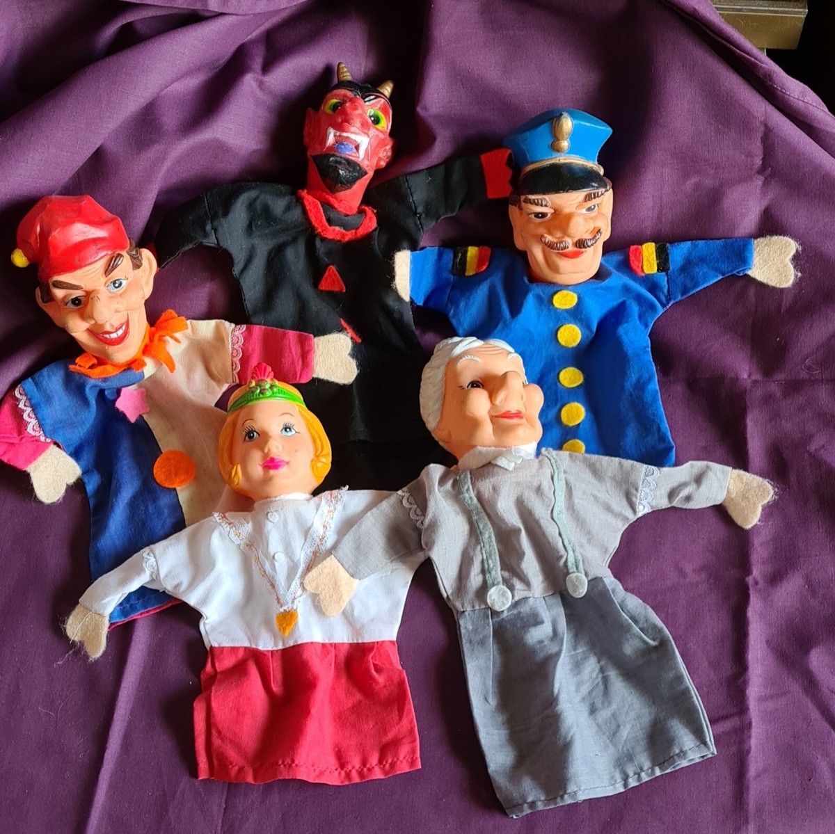 Vintage German Punch and Judy hand puppets x 5, with rubber heads