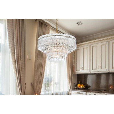 Crystal Chandelier Satin Gold Living Dining Room Foyer Ceiling Light Fixture 21''