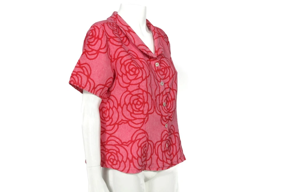 FLAX 100% Linen Pink Red Floral Rose Short Sleeve Top ssz Small /517 - Image 4 of 4