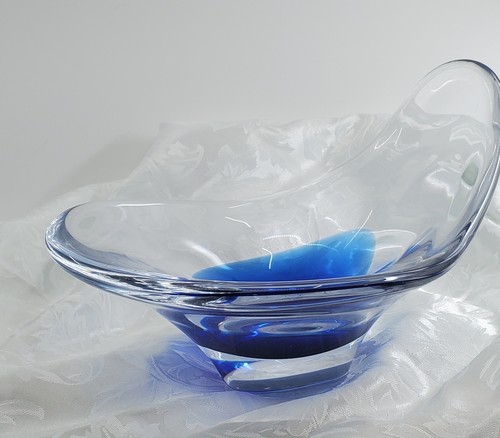 Centro de mesa Flygsfors 1960 firmado por Paul Kedelv vidrio artístico 12 azul coquille y limpio - Imagen 10 de 12