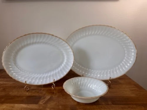 Vintage Anchor Hocking Milk Glass Platter Bowl Set Gold Trim Swirl Fire King