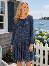 Michael Kors Navy Paisley Drop Waist Chiffon Dress Long Sleeve Gold Hardware L