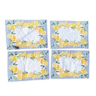 Lillian August Lemon Print Placemats Set of 4 Blue White Yellow Citrus Summer