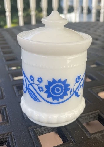 Vintage Hazel Atlas Milk Glass Container Jar W/Lid Sweet Pea Design Blue & White
