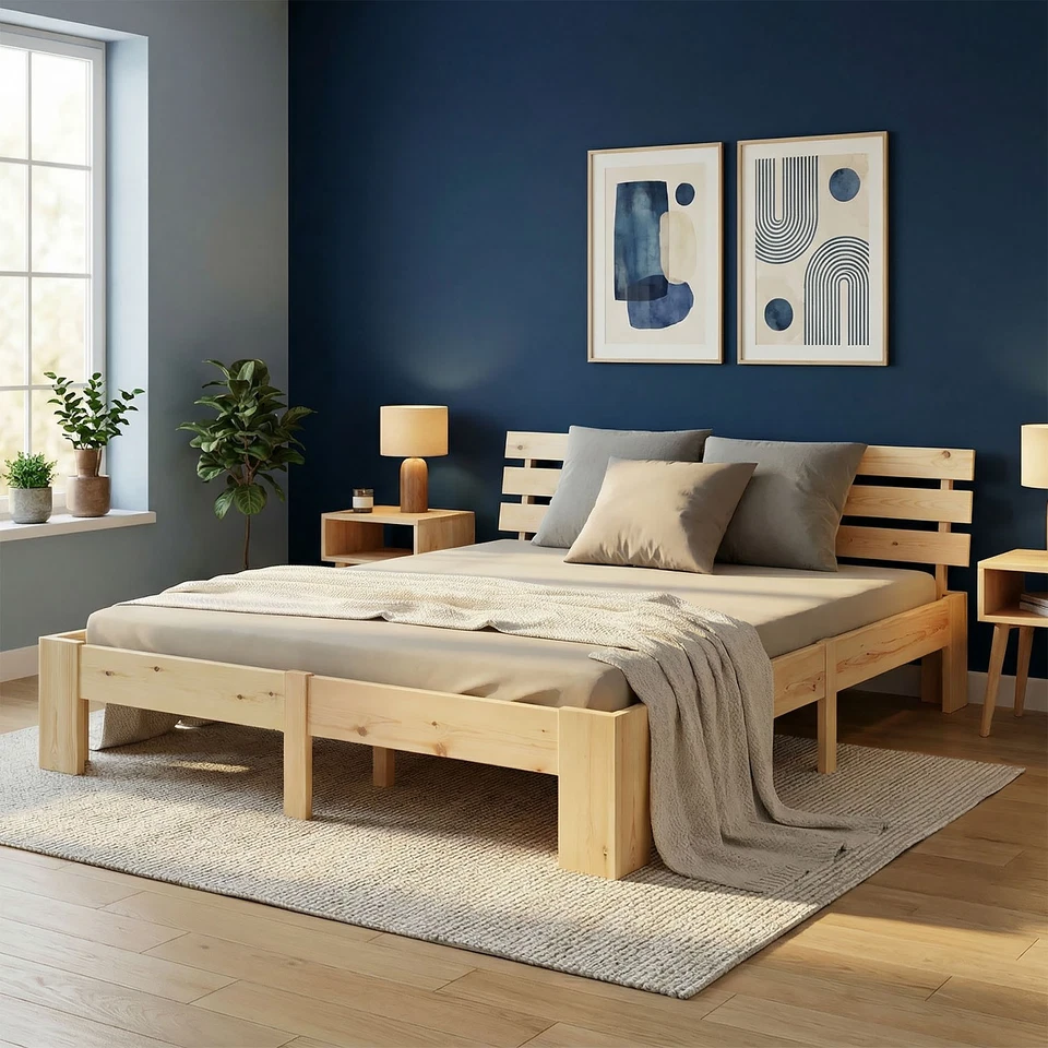 Lit en Bois Double Adulte 180x200 Massif Cadre de Sommier à Lattes Homestyle4u - Photo 1/4