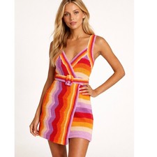 Farm Rio X Anthropologie Crochet Mini Dress Knit Belted Wrapdress Size L NWT$250