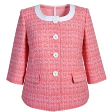 Le Suit Tweed Blazer Size 18W White Orange Square Neck Faux Pockets 3/4 Sleeve