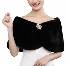 Wedding Faux Fur Wraps Shawls Winter Shrug Brooch Brides Bridesmaids Black