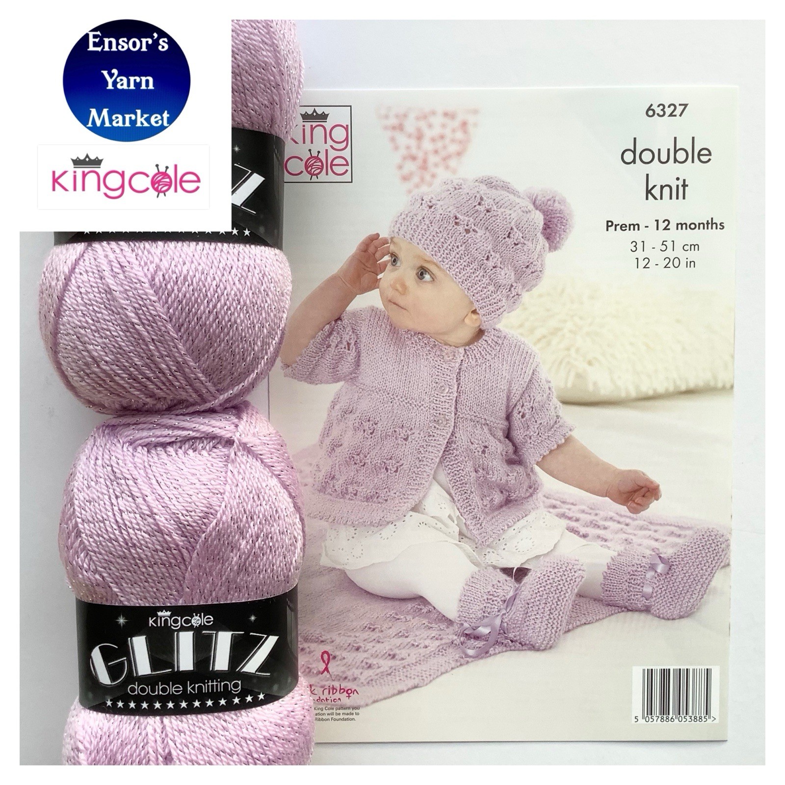 KING COLE Glitz DK Yarn 2 X 100g (Shade 4727 Lupin) + Pattern 6327