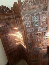 Hand Crafted Teak Wood Indian Grape Harvest Four Panel Room Divider