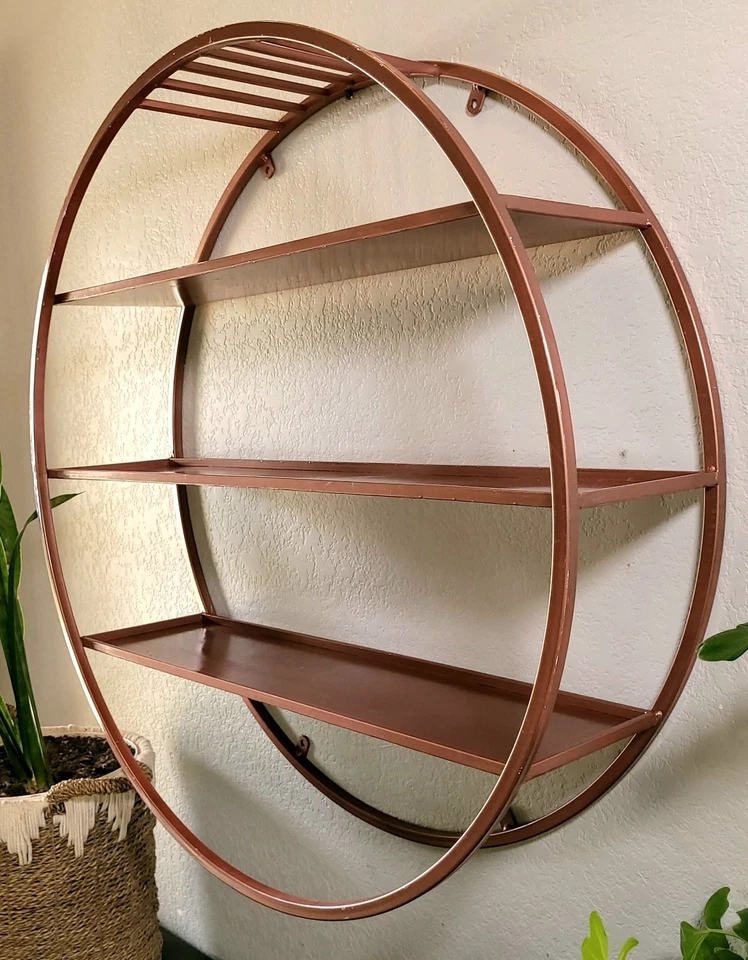 Vintage Industrial Modern 32" Round Metal 3 Tier Shelf Wall Display Terra Cotta - Image 2 of 4