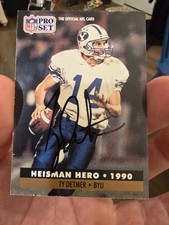 Ty Detmer Autographed BYU Cougars 1991 Pro Set Heisman Hero 1990 Rookie Card. rookie card picture