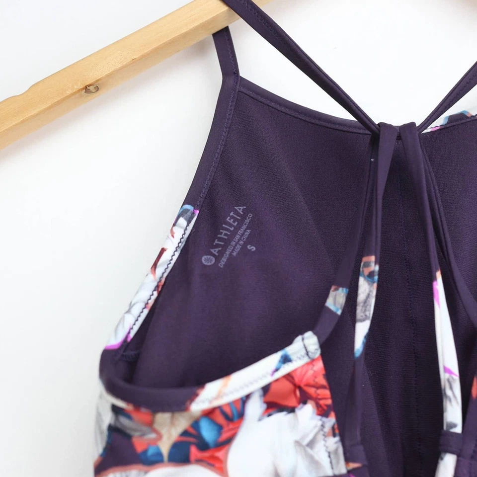 Tankini de natación Athleta púrpura floral piha cuello halter alto talla pequeña Foto 3 de 3